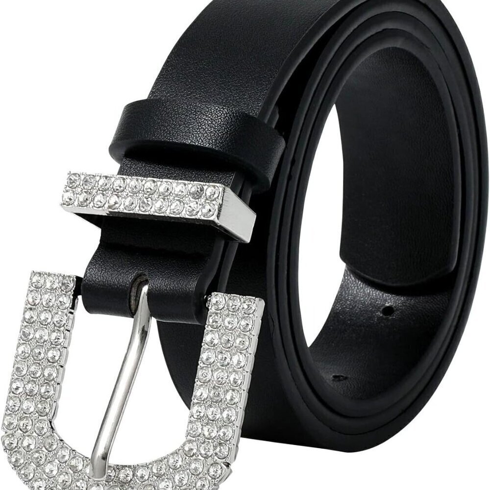 Women’s Rhinestone Buckle Belt PU Leather Plus Size for Jeans Dresses